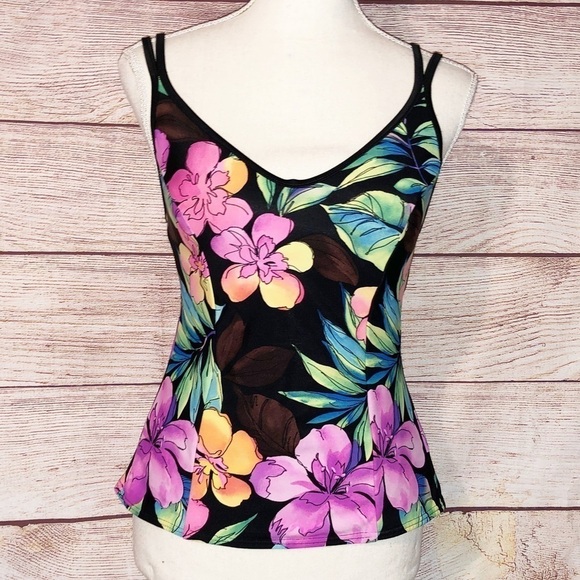 Miraclesuit Black and Purple/Pink Orchid Floral Double Strap Tankini Top Size 8 - Picture 4 of 10
